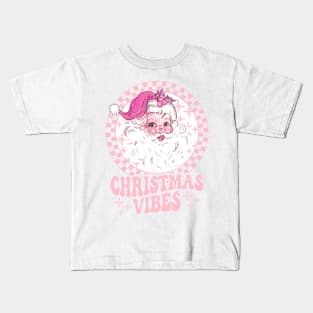 Pink Retro Santa Claus Christmas Vibes Checkerboard Pattern Kids T-Shirt